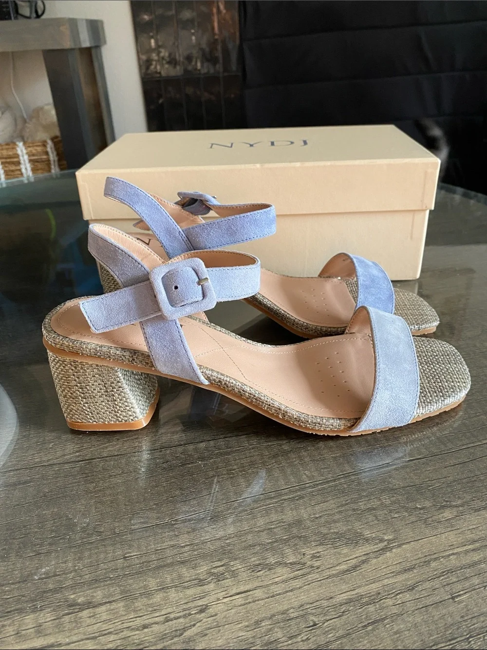 NYDJ Light Blue Suede Ankle Strap Heels